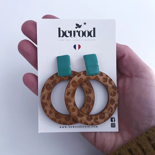 Boucles d'oreilles bois - léopard et vert