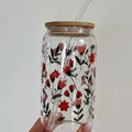 Mug en verre avec paille - fleurs rouges