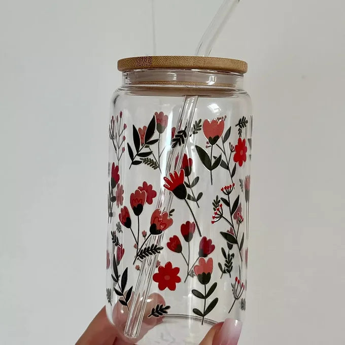 Mug en verre avec paille - fleurs rouges