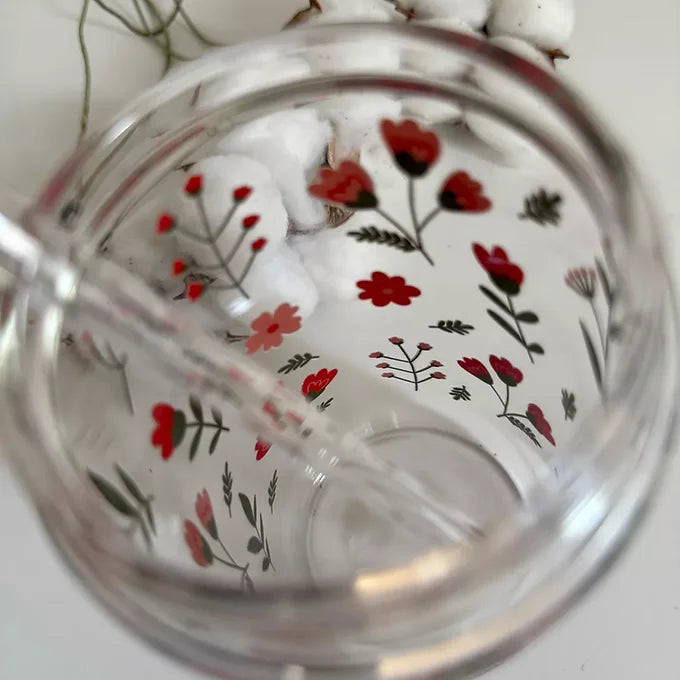 Mug en verre avec paille - fleurs rouges