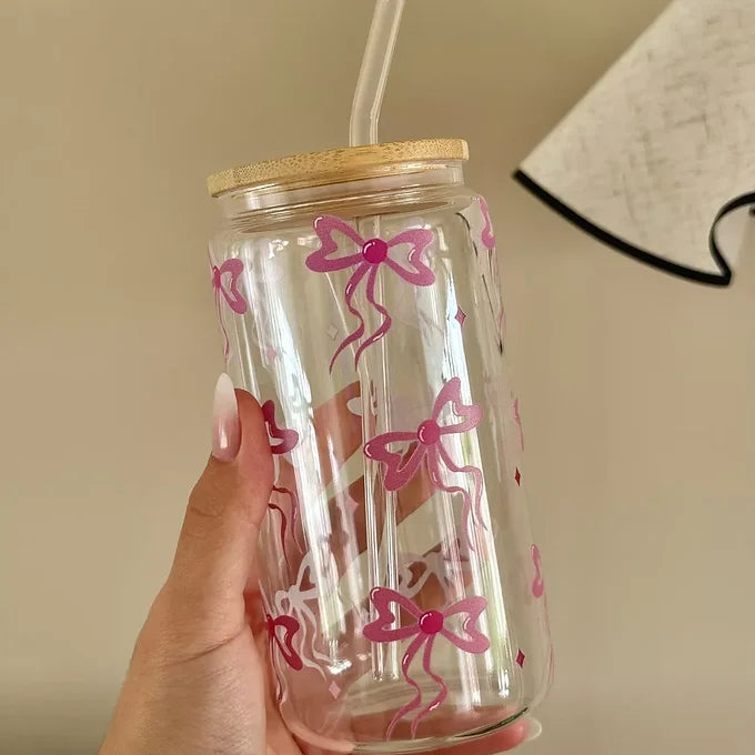 Mug en verre avec paille - noeuds roses