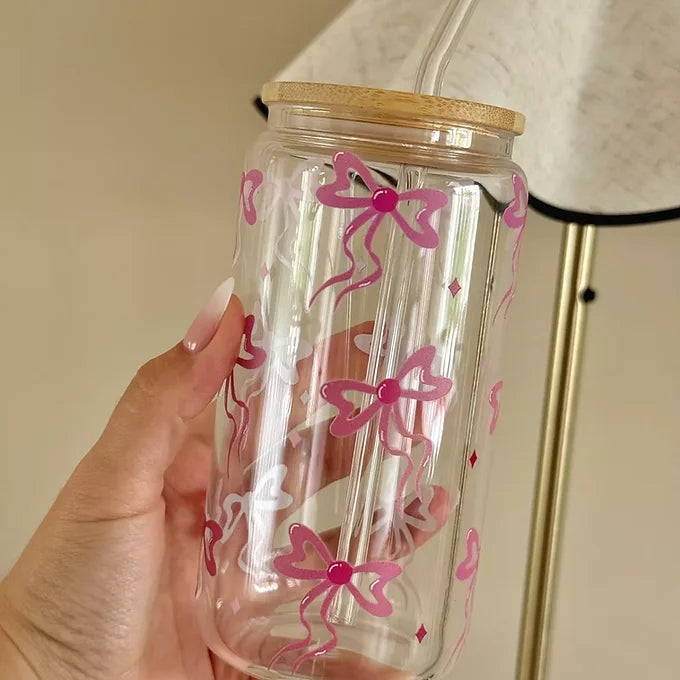 Mug en verre avec paille - noeuds roses